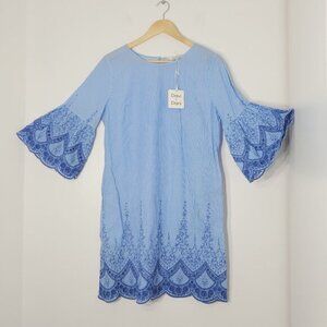 DAVI  DANI 100% Cotton NEW Blue Striped Bell Sleeves Embroidered Shift Dress M